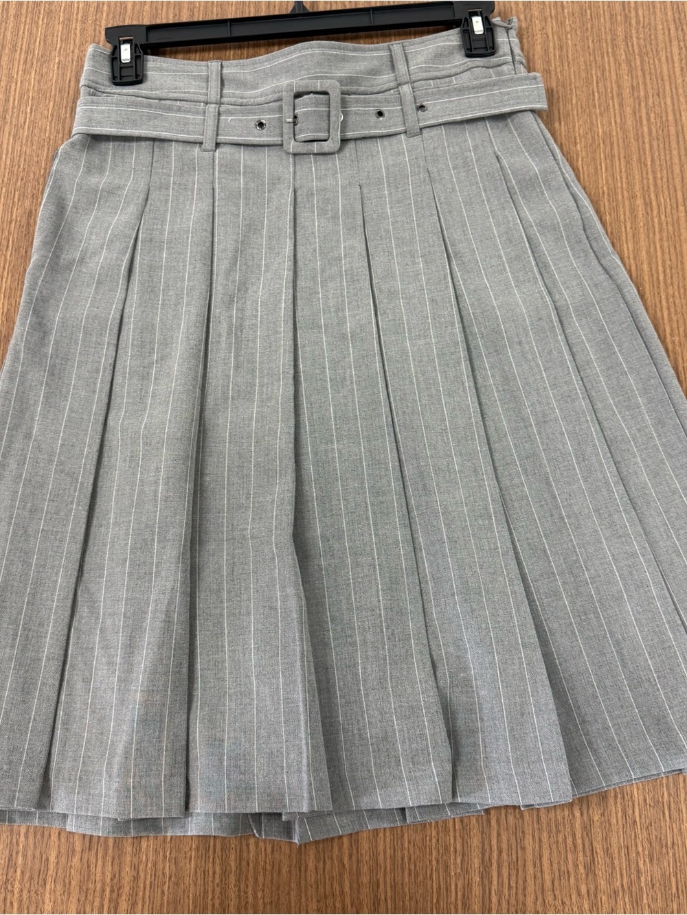 Women's Gray Pinstripe Pleated Skirt with Matching Belt